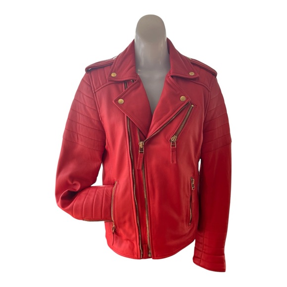 INFINITY Men's Bold Red Lambskin Leather Moto Jacket size S - Picture 2 of 10
